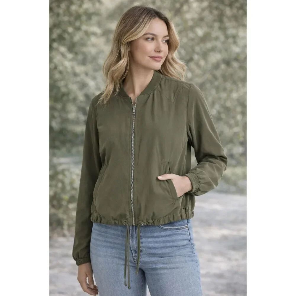 H&M Olive Green Bomber Jacket Women US 6 EU 36 Lightweight Zip Limited Edition